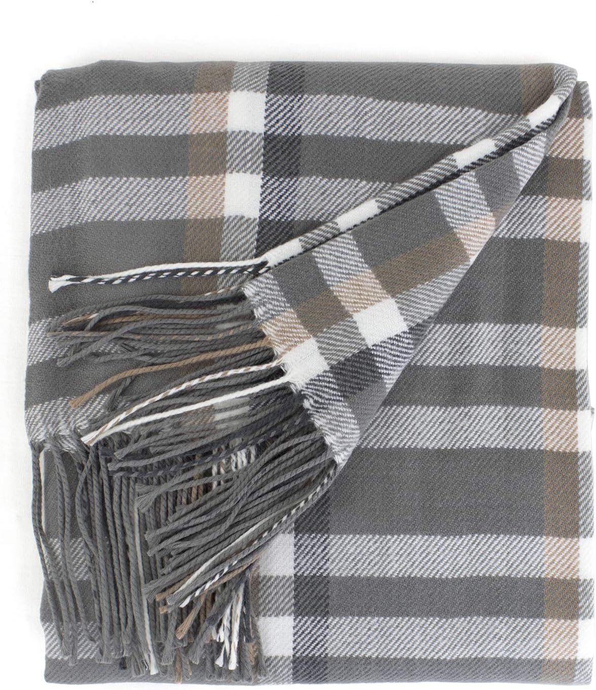 Fennco Styles Classic Plaid Tassel Throw Blanket 50" W X 60" L – Grey Soft Blanket for Couch, Bedroom and Living Room Décor