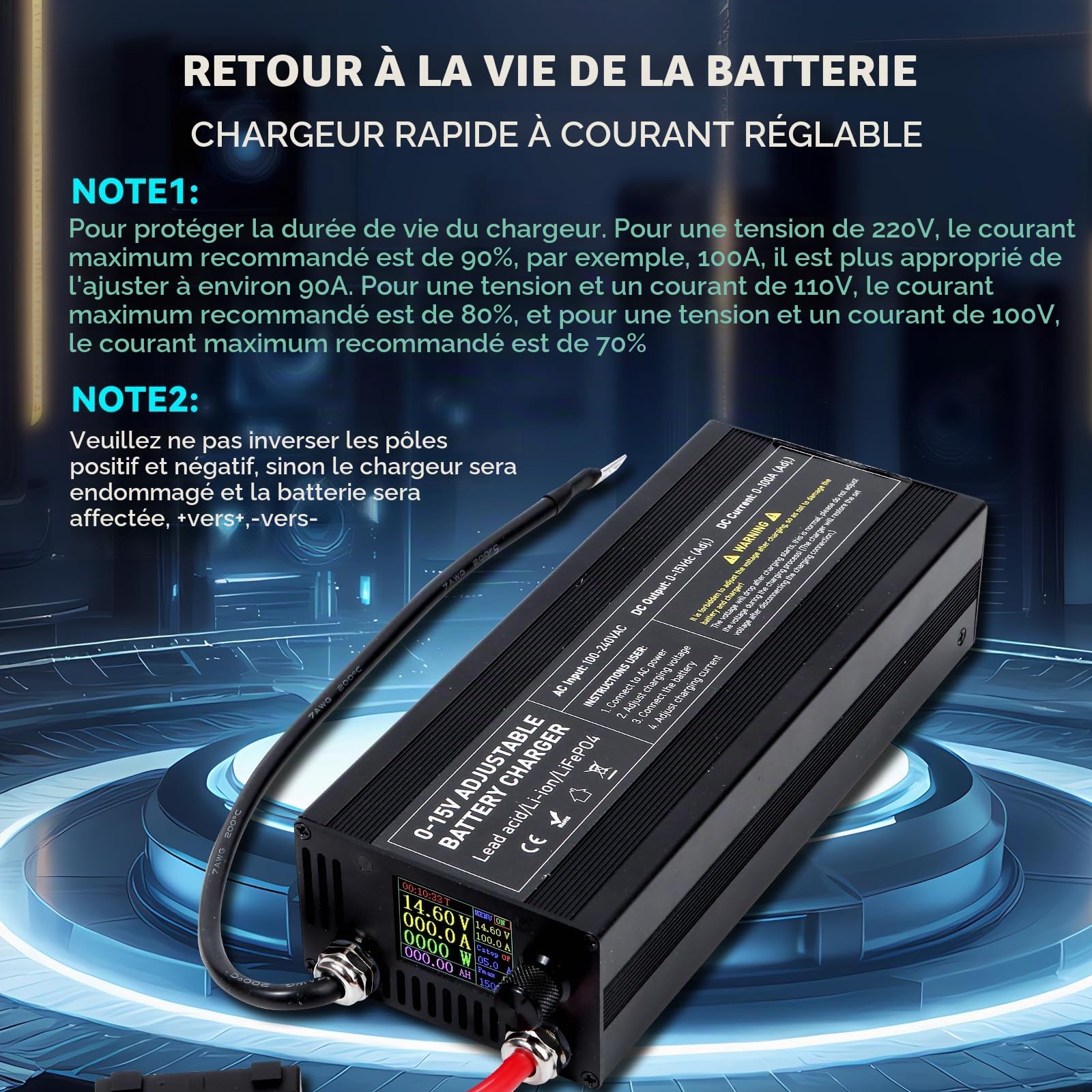 Chargeur de Batterie LiFePO4 12V/14.6V 100A avec Grand Écran LED Intelligent, Chargeur de Batterie Lithium pour Charge Rapide des Batteries Auto, Moto, Tondeuse à Gazon, Yacht et Marine