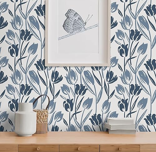 Miniatura 4 de Papel tapiz floral de tulipanes azules de 16.1 x 118 pulgadas para dormitorio, papel tapiz autoadhesivo extraíble, impermeable, papel de contacto