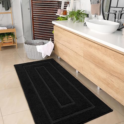 Miniatura 3 de HOMORE Alfombra de Baño Negra de 24x60 Pulgadas, Alfombra de Baño Suave y Absorbente, Alfombra Lavable Antideslizante para Corredor de Baño,