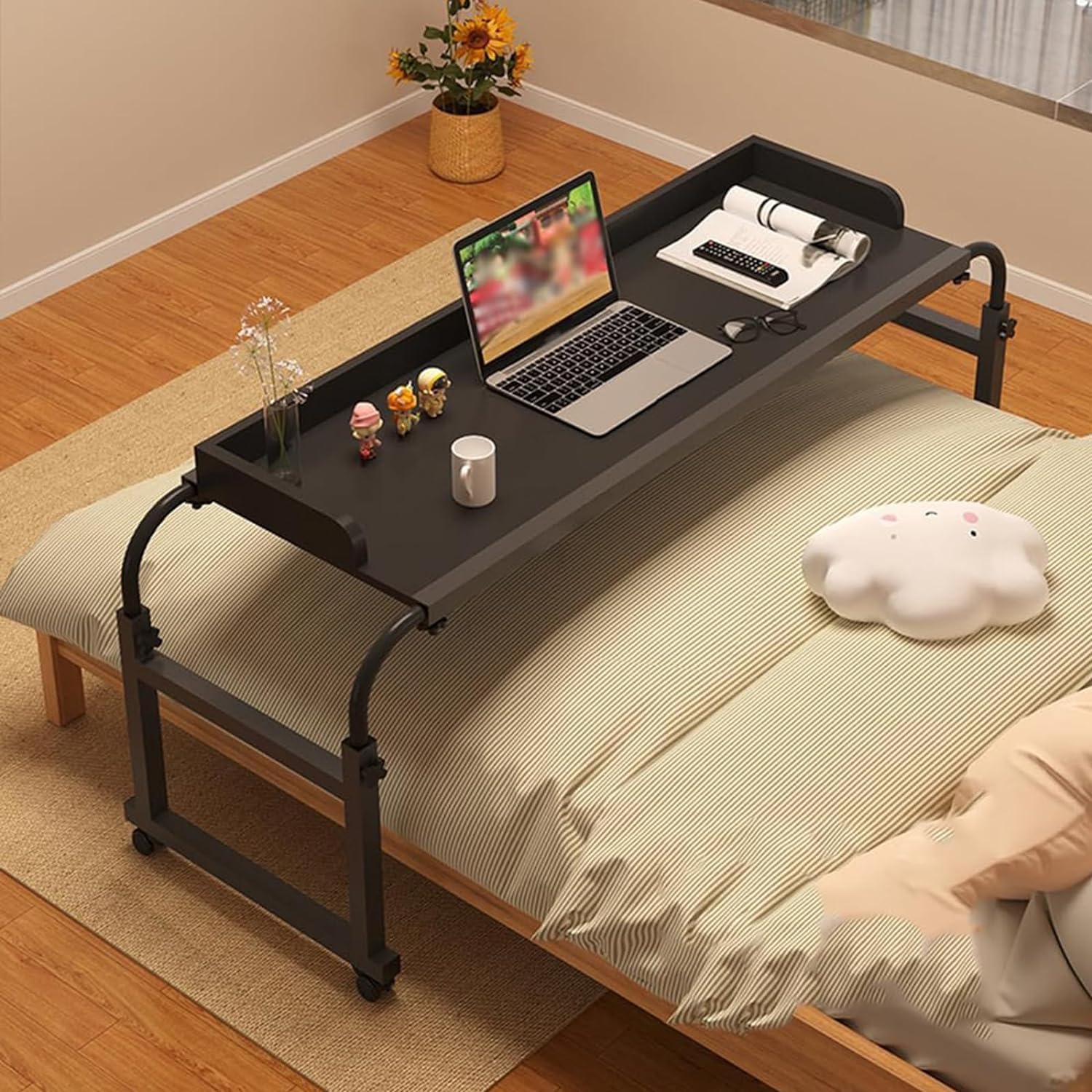 Mesa de cama ajustable con ruedas de altura 65-95 cm, versátil mesita de noche para camas tamaño King/Queen, extensible de 120-230 cm, color negro