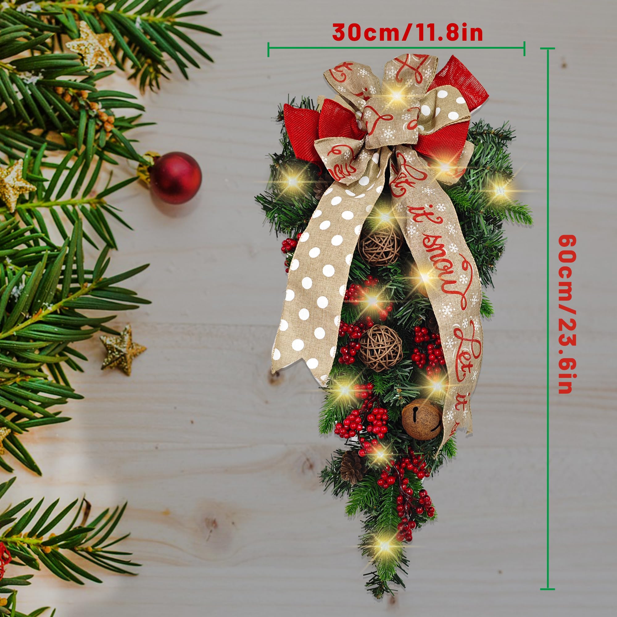 NewlyArt 24 inch Christmas Teardrop Swag with Fairy Lights, Battery