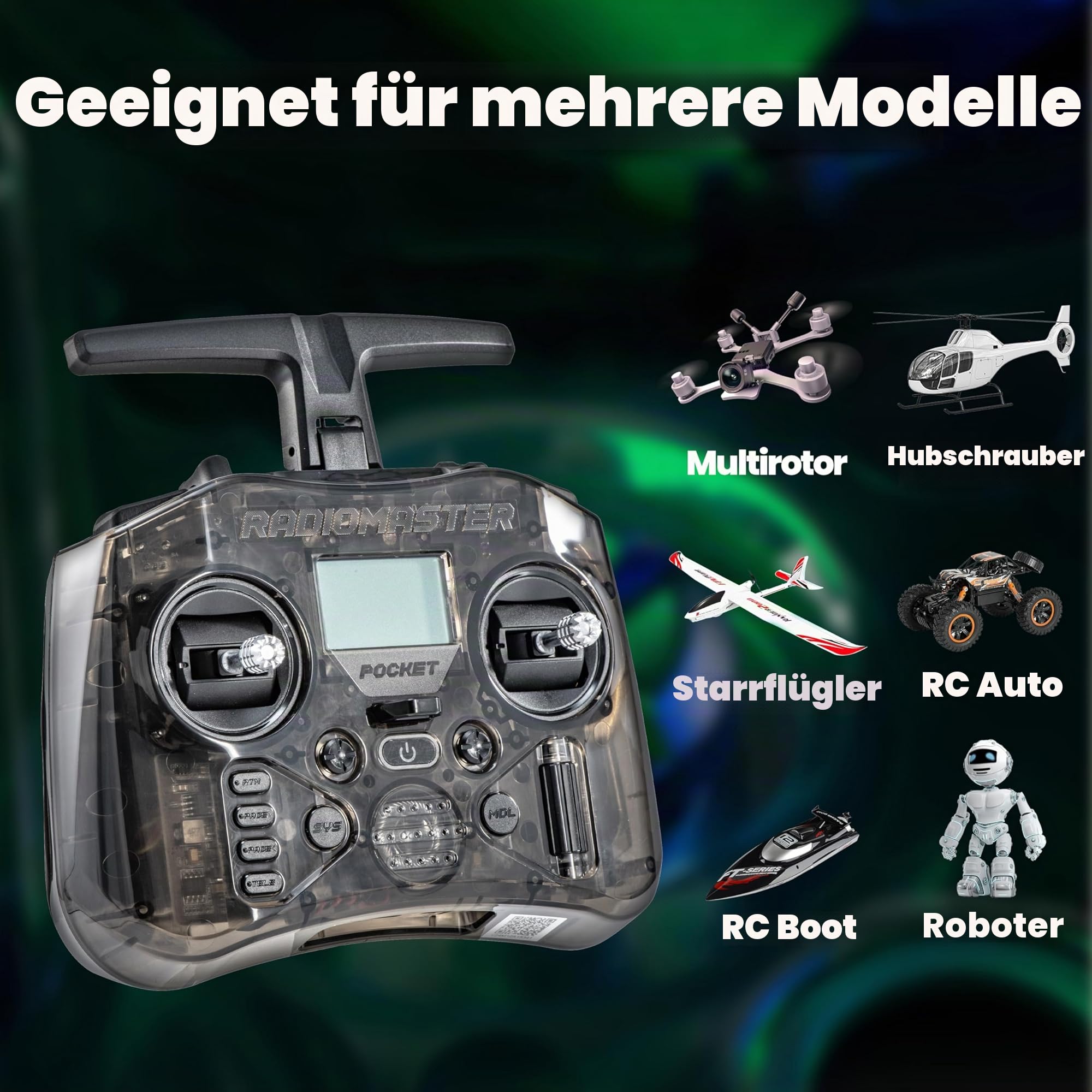 Radiomaster Pocket ELRS Fernsteuergerät Tragbares Hall-Gimbal-Transmitter mit EdgeTX-Firmware und LED-Licht für FPV-Drohnen/RC-Hubschrauber & Autos & Boote & Multicopter, Modus 2