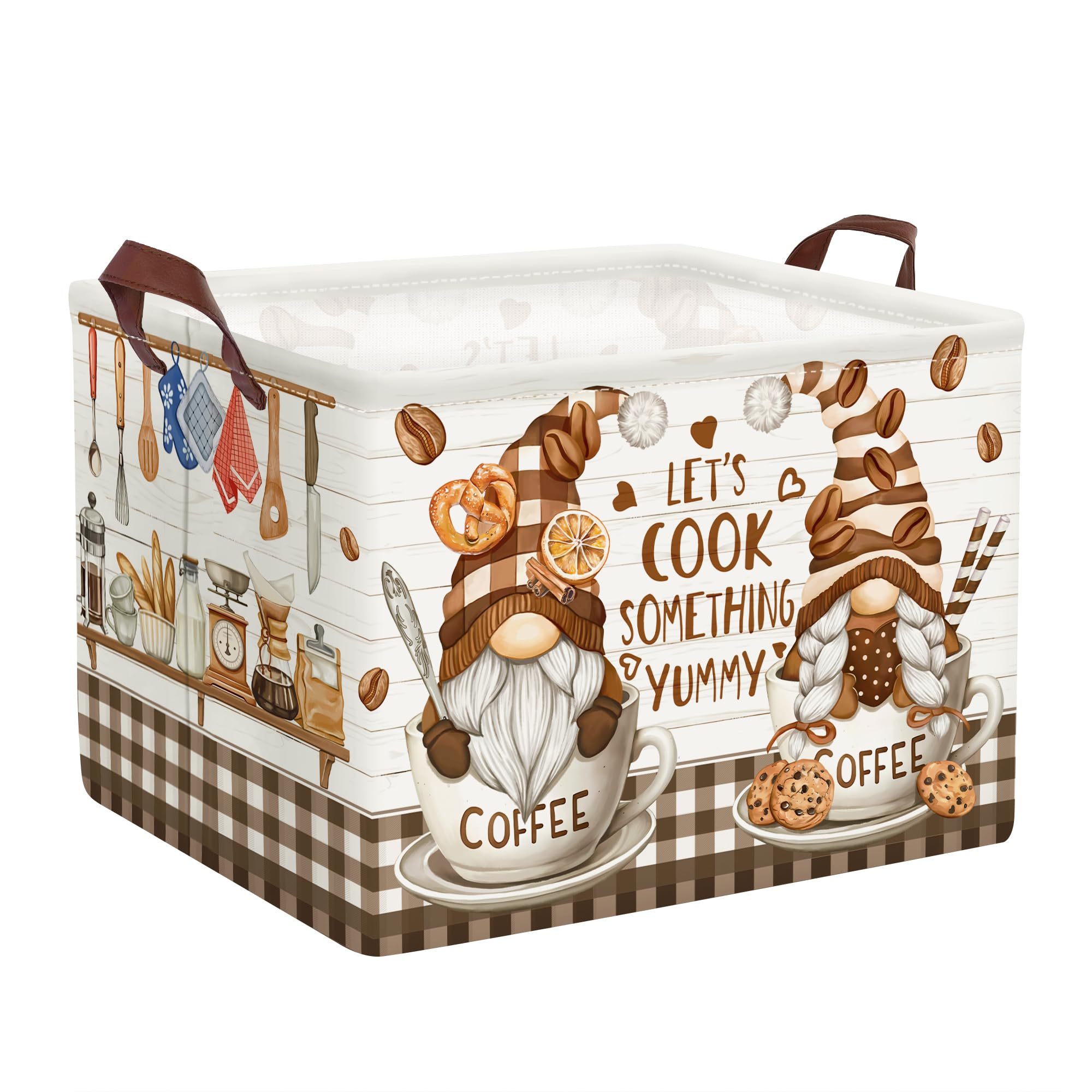 HUUMONSS Kitchen Decor Tools Kid Storage Basket Collapsible Clothes Baby Nursery Hamper Large Book Shelf Basket Boy Girl Toy Box Bin, Gnome Coffee, 36L