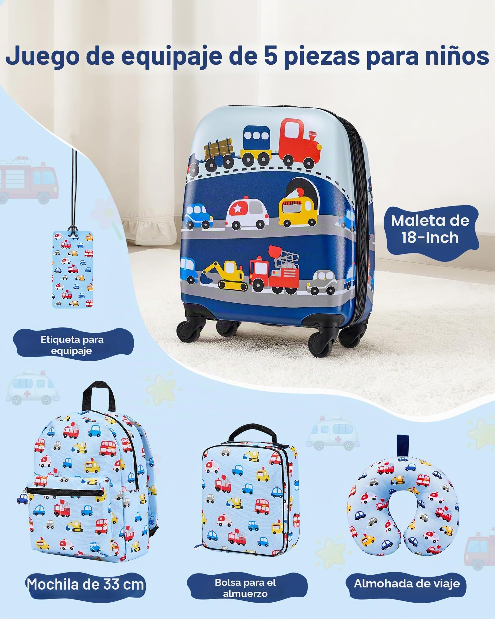 VEVOR Juego de Maletas para Niños 5 Piezas, Maleta de Cabina 45,7 cm, Mochila con Cojín Cervical, Bolsa para Comida y Etiqueta de Equipaje, Camión Azul, Equipajes Infantiles para Viaje Escuela Camping