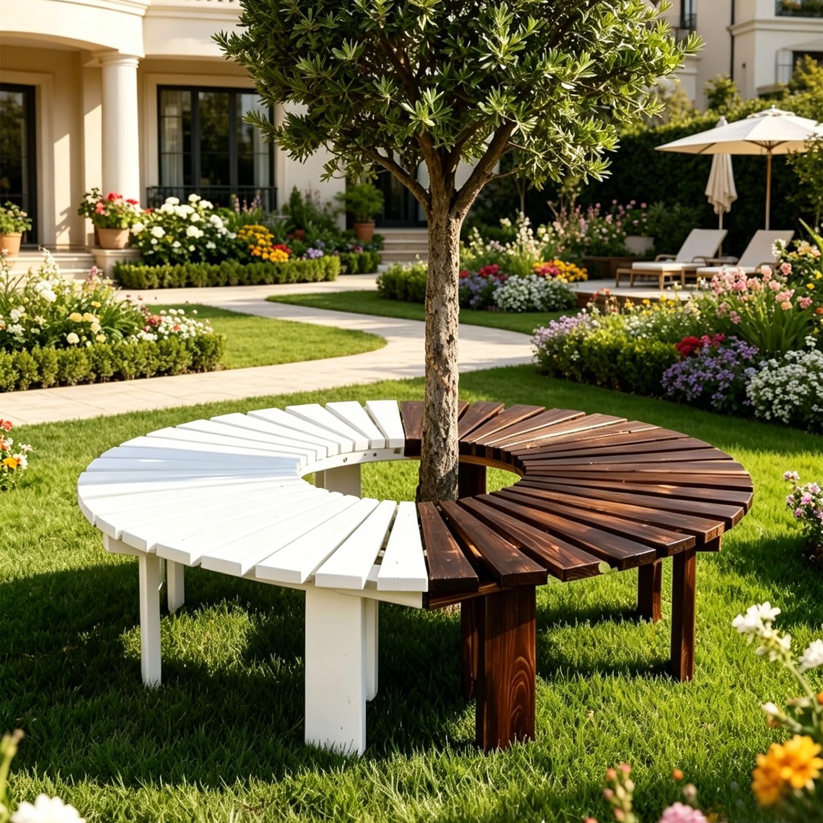 Banco semicircular para árbol de ocio que soluciona la falta de sombra