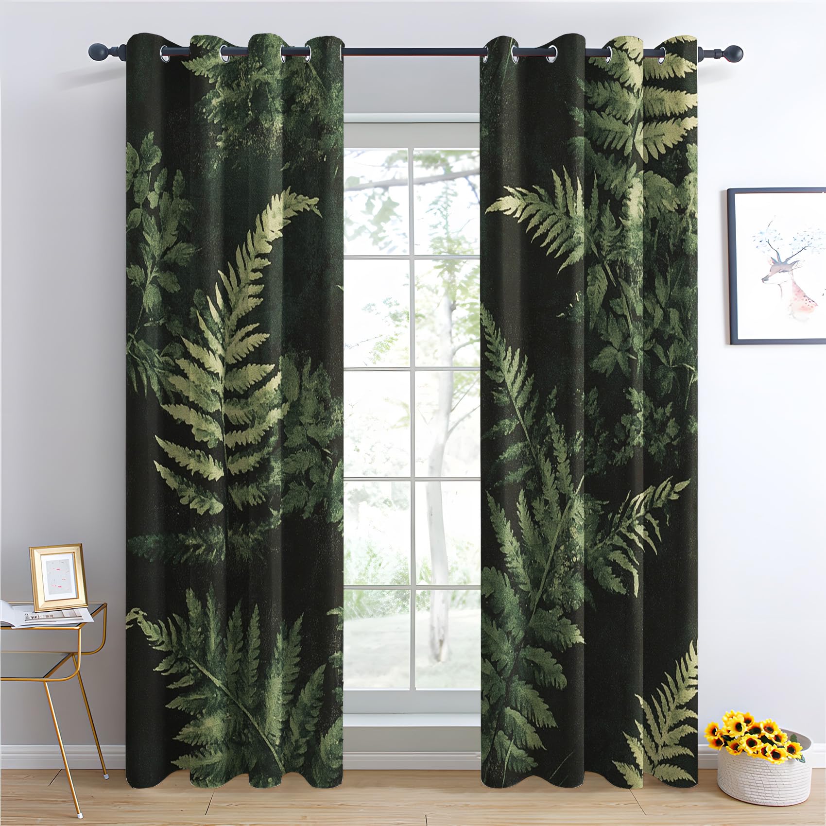 Rideau Occultant Fougère Verte - Décoration Botanique, Rideau Thermique Motif Feuille Botanique Nature Plante, Lot de 2 Rideaux Opaque à Oeillets pour Fenetre Chambre Salon, 140x260 cm (LxH)