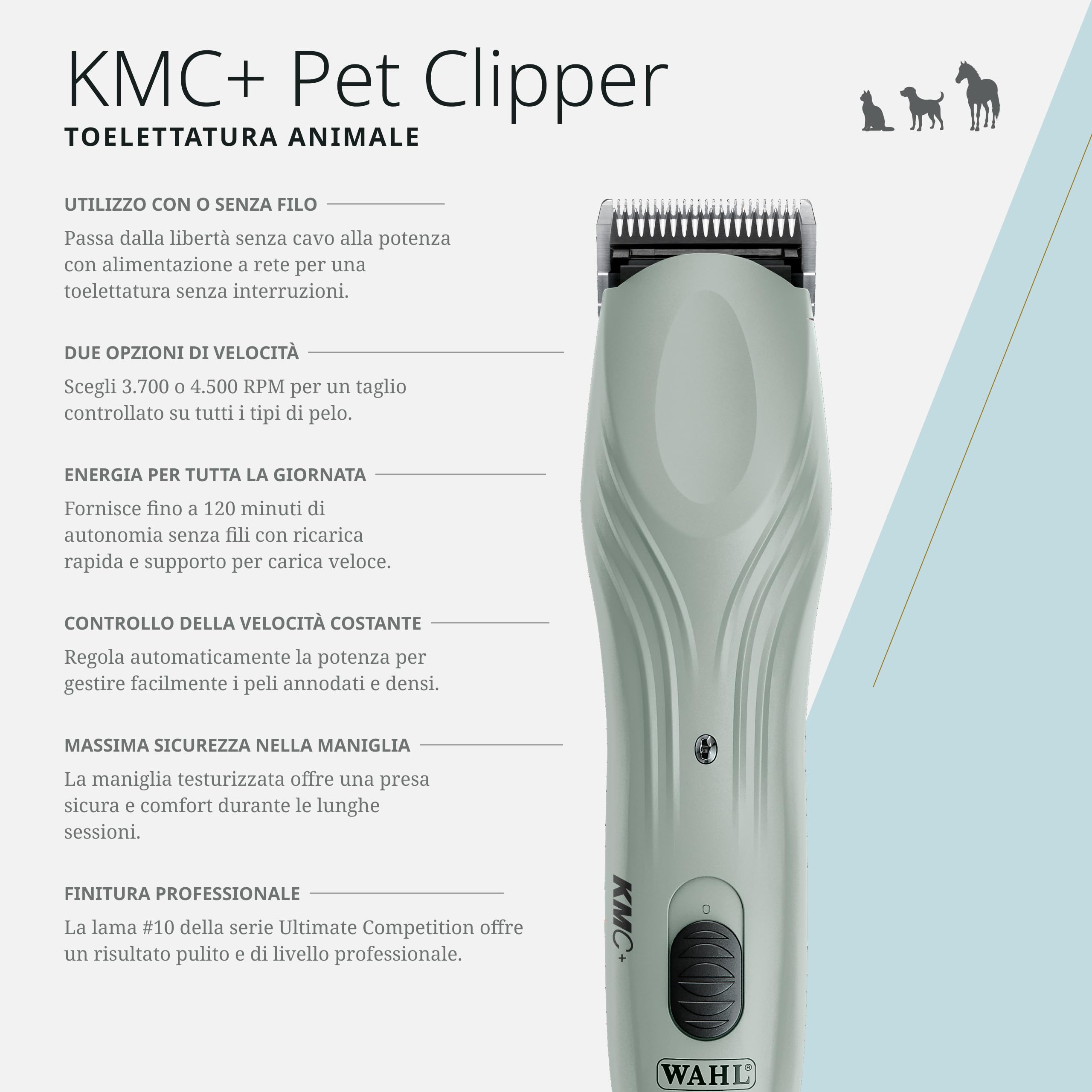 Wahl KMC+ Tosatrice per Animali – Motore Brushless Silenzioso, Impugnatura Testurizzata per Maggiore Comfort, Due Velocità, Utilizzo con Filo o Senza Filo, Autonomia Fino a 120 Minuti