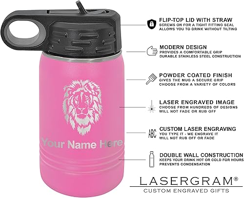 Miniatura 3 de LaserGram Botella de agua de doble pared abatible de 12 onzas con pajilla, patinador, grabado personalizado incluido (rosa)