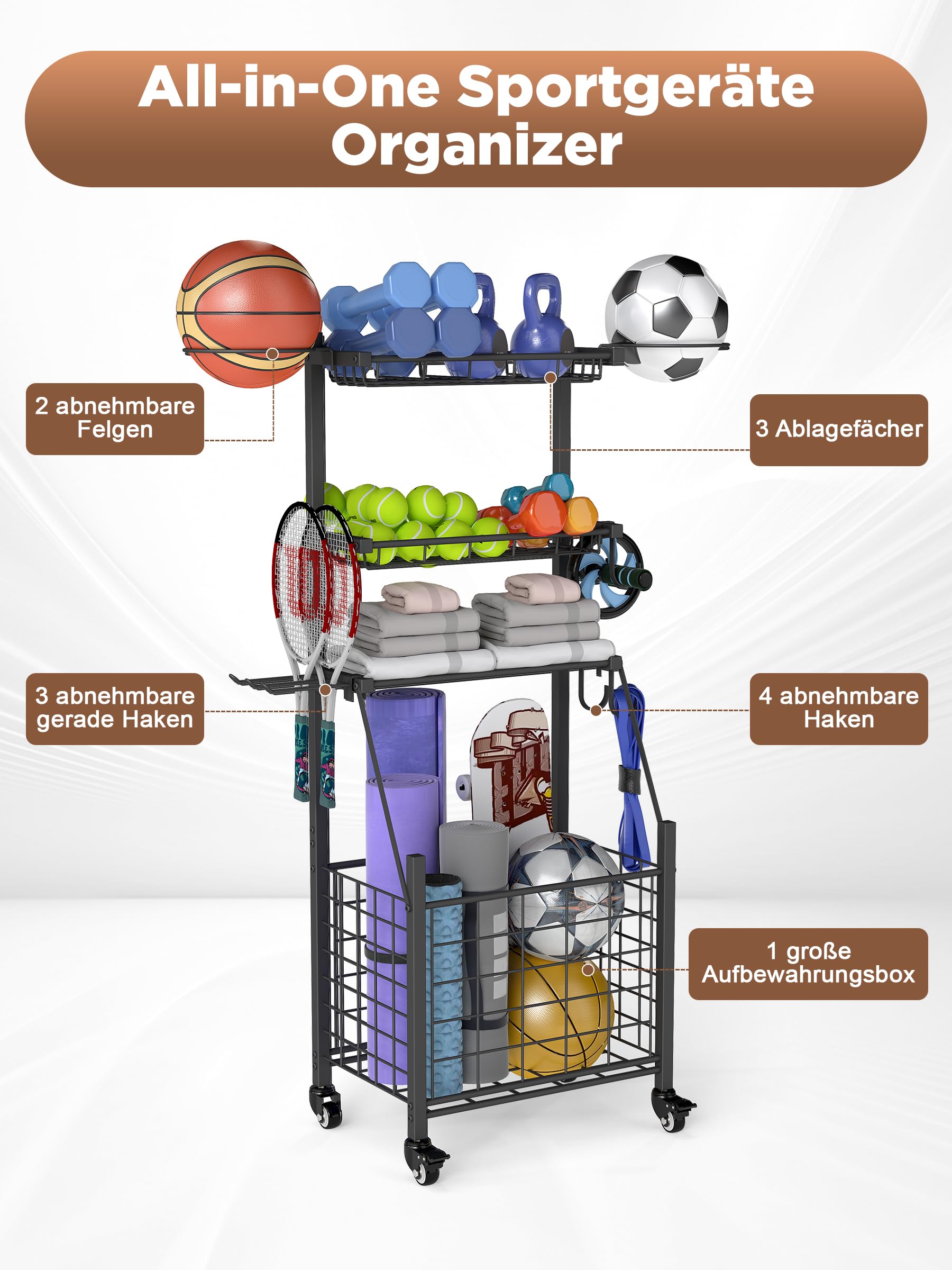 Nisorpa Garage Organizer Für Sportgeräte, Beweglich Basketball Aufbewahrungsregal, Ballständer mit Haken
