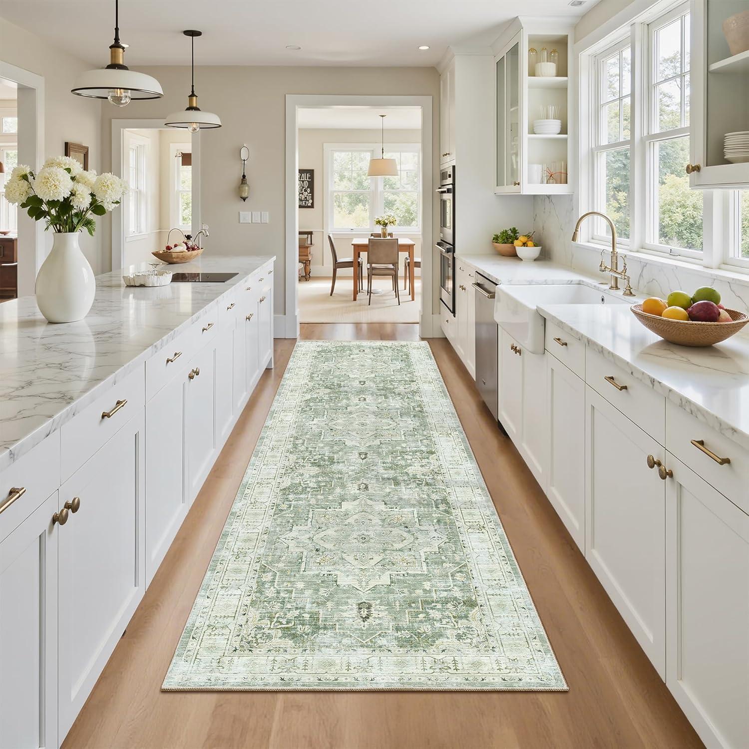 Madane Runner Rug 2x8, Washable Hallway Runner Rugs, Non-Slip Low-Pile Soft Kitchen Rug Runner Laundry Room Rug, Vintage Throw Entry Foyer Mat for Entrance Living Room (Green/Ivory, 2 x 8) Green/Ivory 2' x 8' (Runner)