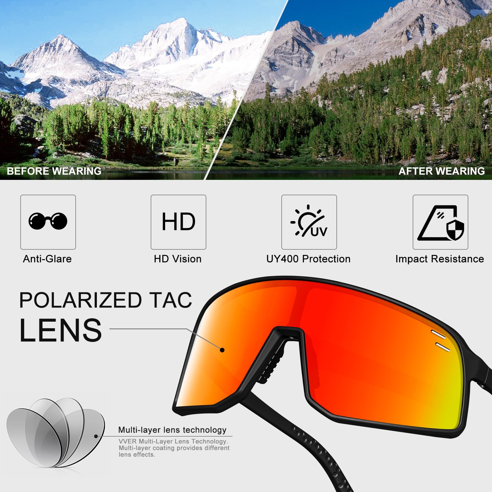 Lunettes de cyclisme polarisées pour homme et femme, protection UV400, VTT, pêche, course à pied, baseball
