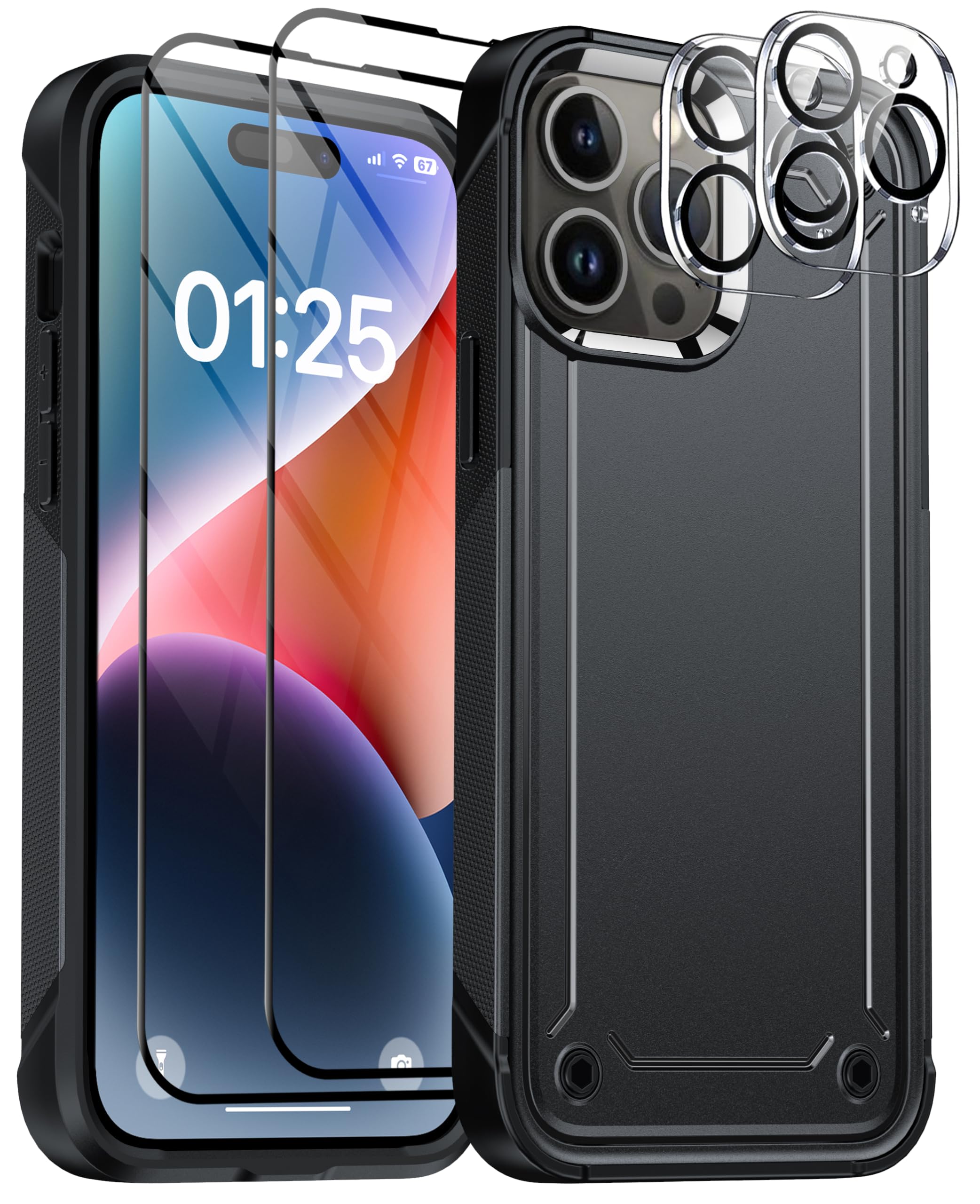 OterkinFor Iphone 14 Pro Case, [15ft Military Dropproof]14 Pro Case,Come With [2x 9h Hd Screen Protector&2x Camera Lens Protector],[Anti-Slip][Box Style]Shockproof Heavy Duty Case For Iphone 14 Pro