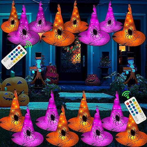 WATERGLIDE 2 Pack Halloween Decorations, 8Pcs Each Lighted Hanging Witch Hats, Remote Control with 8 Modes Light Up 14 FT Halloween String Lights,