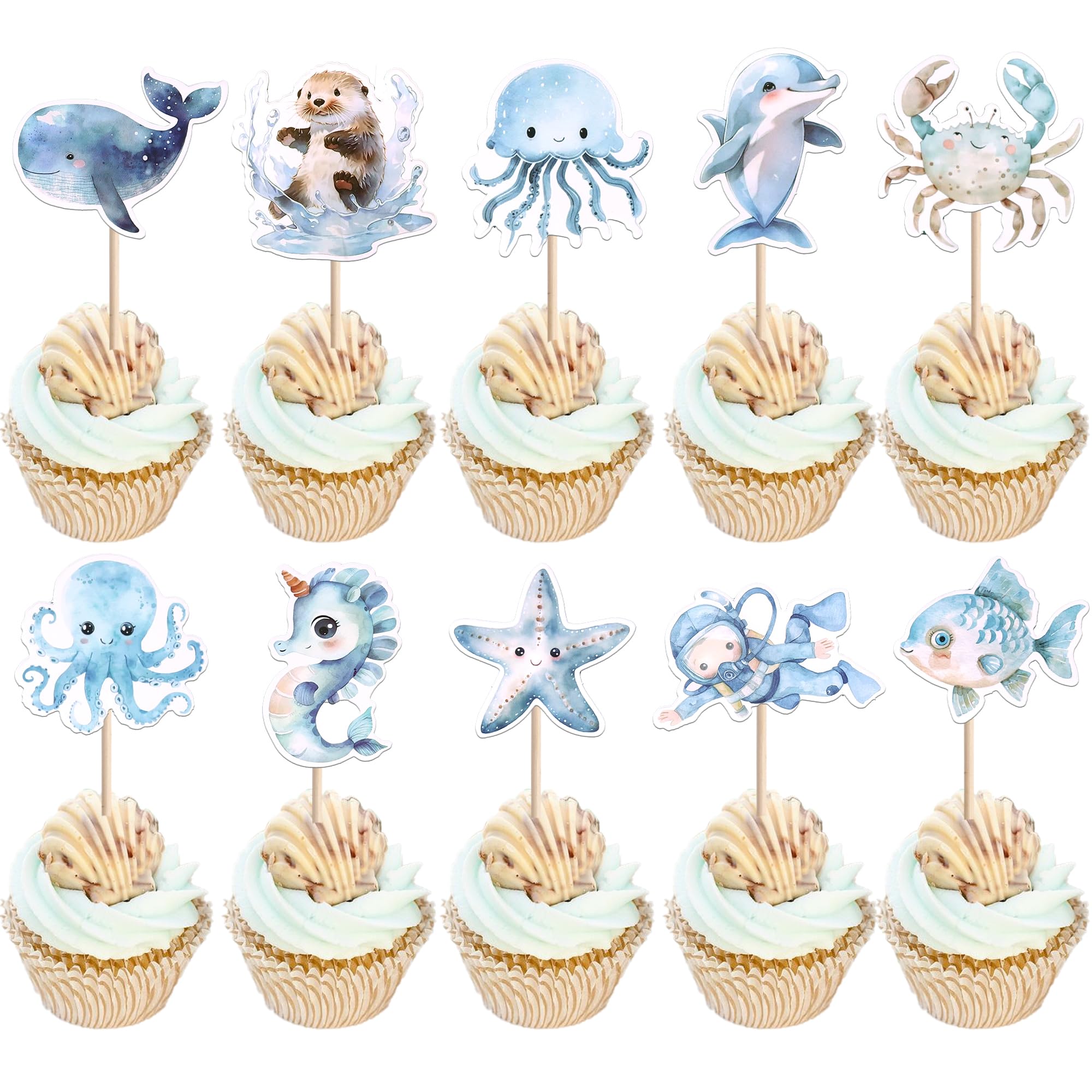 Xsstarmi 40 Pack Under The Sea Theme Cupcake Toppers Jellyfish Starfish Whale Cupcake Picks Crab Seahorse Diver Cake Decorations for Ocean Sea Animal Baby Shower Wedding Birthday Party Supplies โ image 1