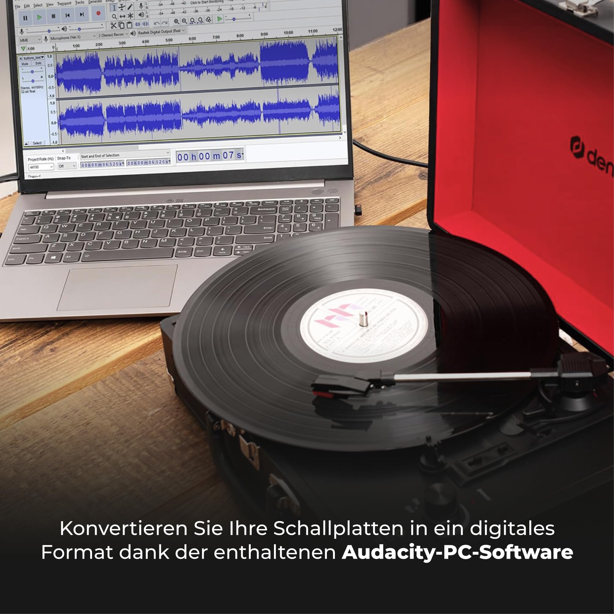 Denver VPL-120B Kofferplattenspieler Schwarz – Retro Plattenspieler mit Lautsprecher, USB Vinyl Player zum Digitalisieren, Auto-Stopp, Schallplattenspieler Vintage mit RCA-Ausgang