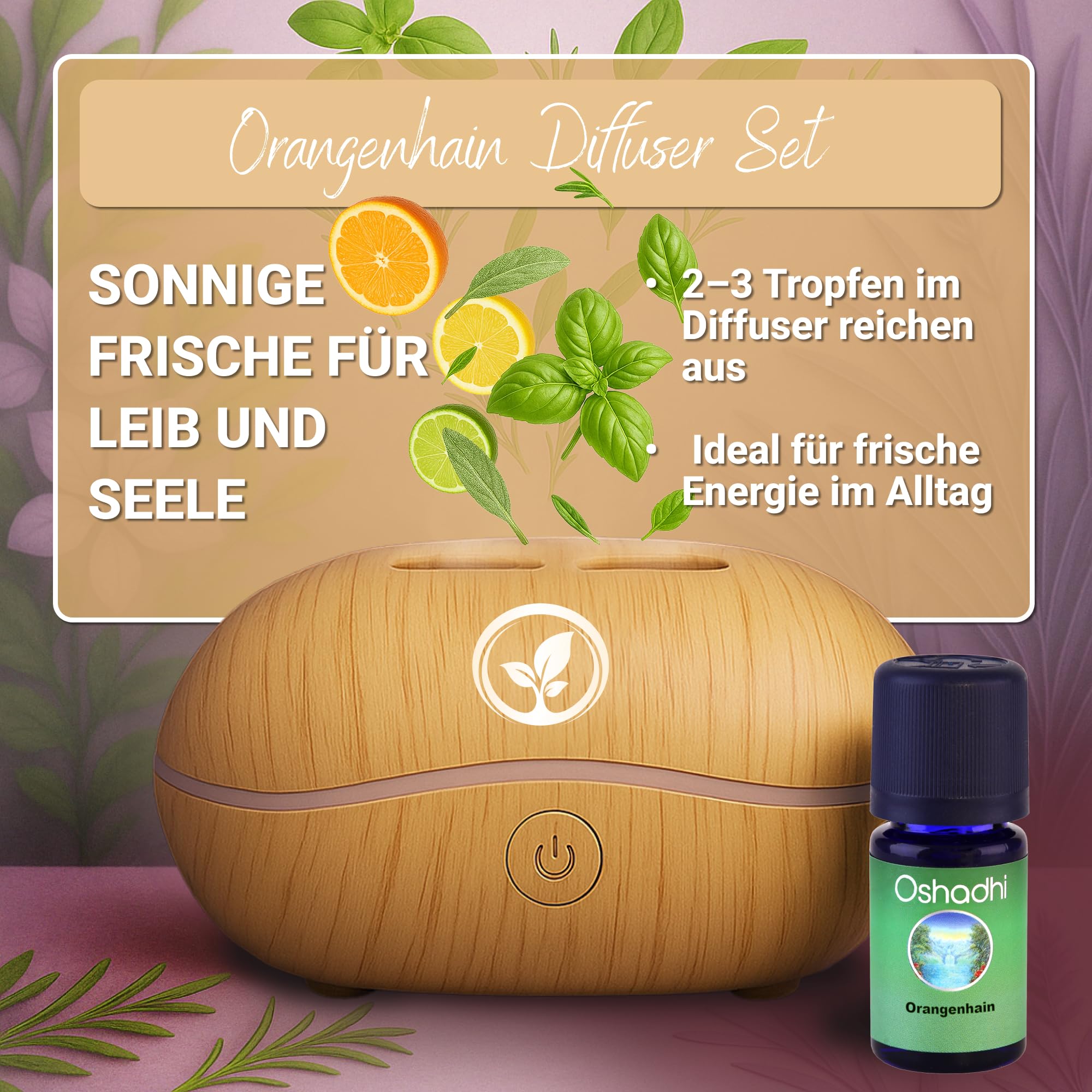Oshadhi Sonnenlicht Diffuser Set | Ambiance Diffuser tragbar | Duftmischung Orangenhain | Naturreine ätherische Öle für Raumduft| Recycelbare Verpackung | Tierversuchsfrei
