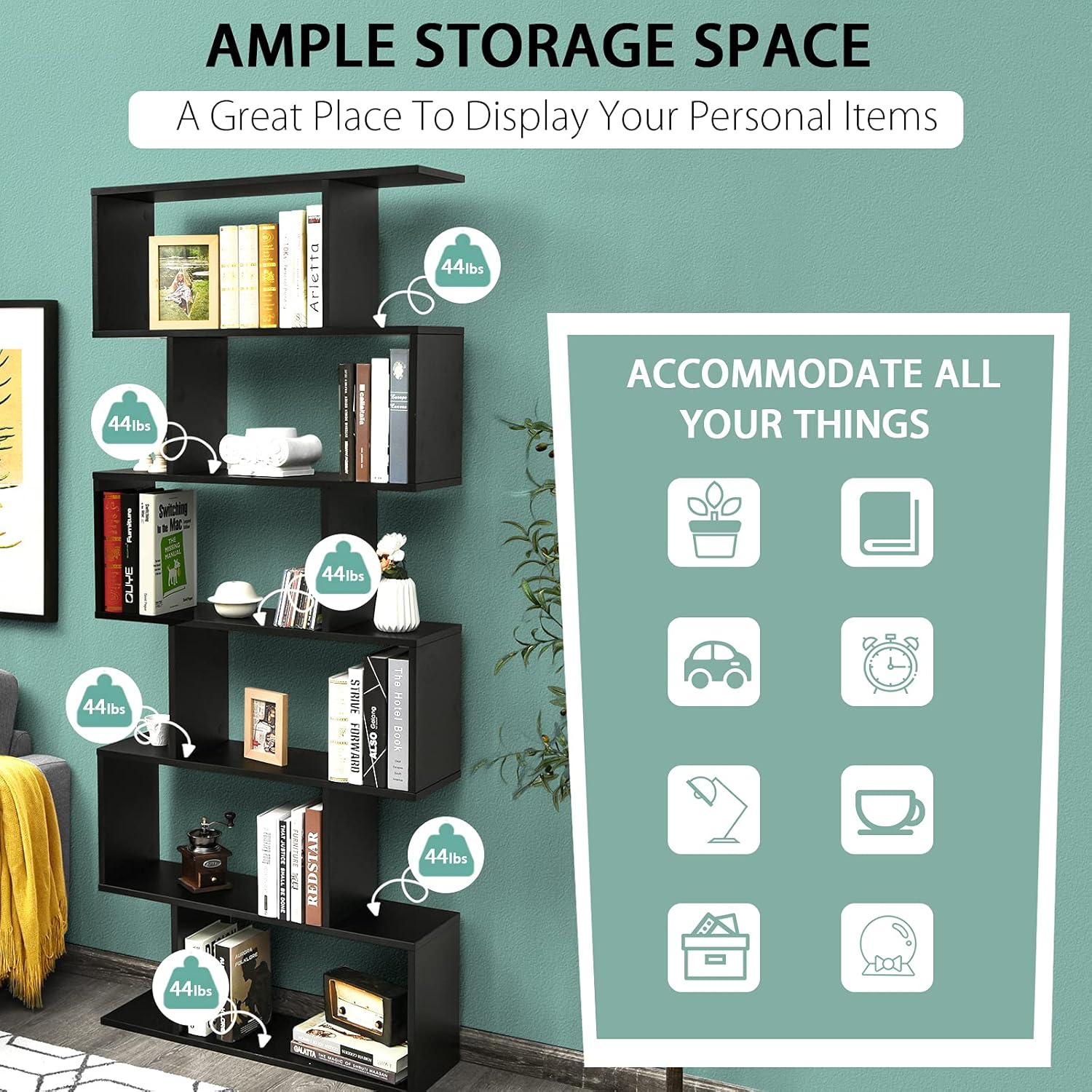 Tangkula 6 Tier S Shaped Bookshelf, 31.5''L x 9''W x 75''H, Wooden Bookcase and Bookshelves w/Anti-Toppling Device, Room Divider Display Shelves for Living Room, Home Decor, 6 Shelf Bookshelf
