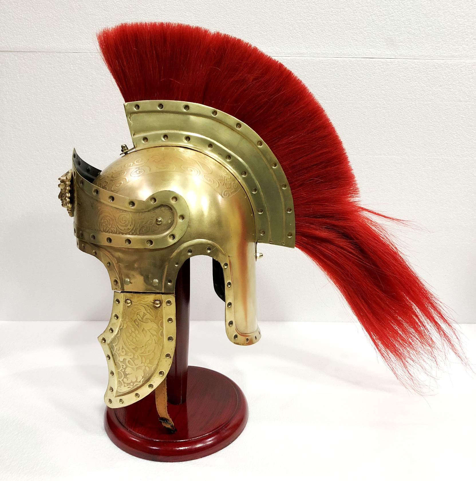 Antique Casque médiéval romain Centurion vintage armure rouge crête plume spartiates avec support en bois