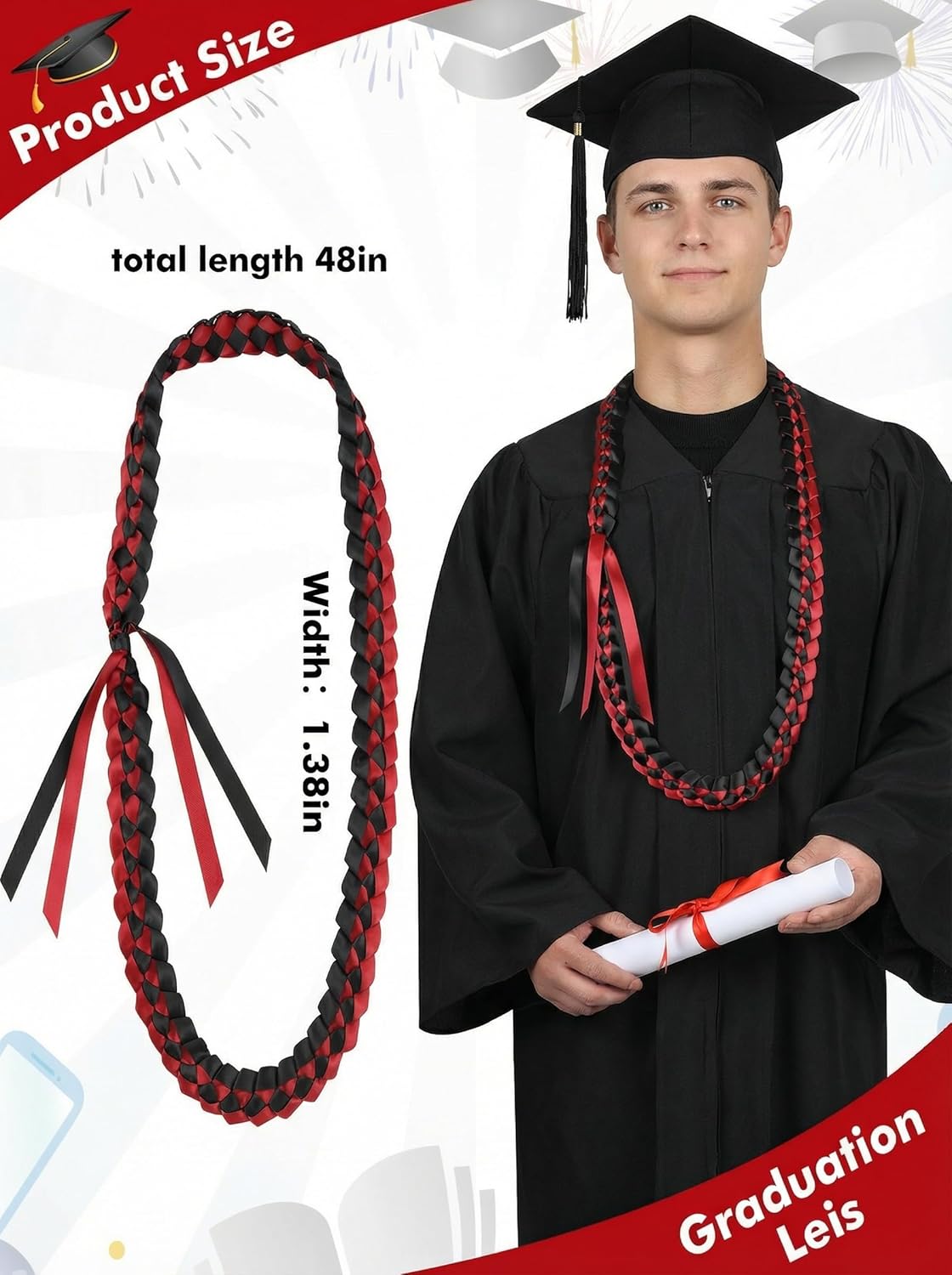TFTAFAN Graduation Leis - Ribbon Lei Necklace for 2026 Graduation Parties - Braided Necklace Gift Accessories for Women & Men
