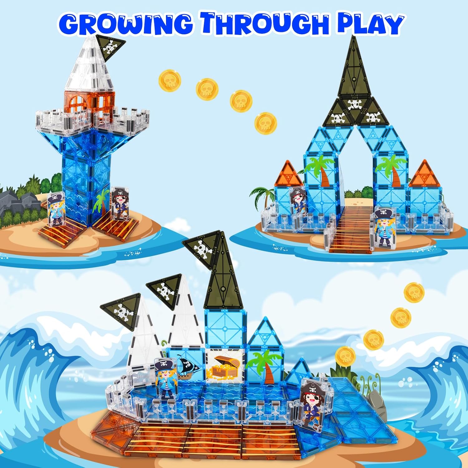 Bmag Magnetic Tiles for Kids,32 PCS Pirate Set with 3D Magnet Building Blocks, STEM Educational Toys for Preschool Learning, Gift for Boys & Girls Age 3 4 5+