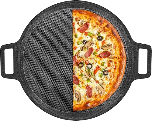 Acero híbrido antiadherente para pizza de 3 capas, acero para hornear grabado con láser para pizzas y panes planos de hasta 14 pulgadas, bandeja