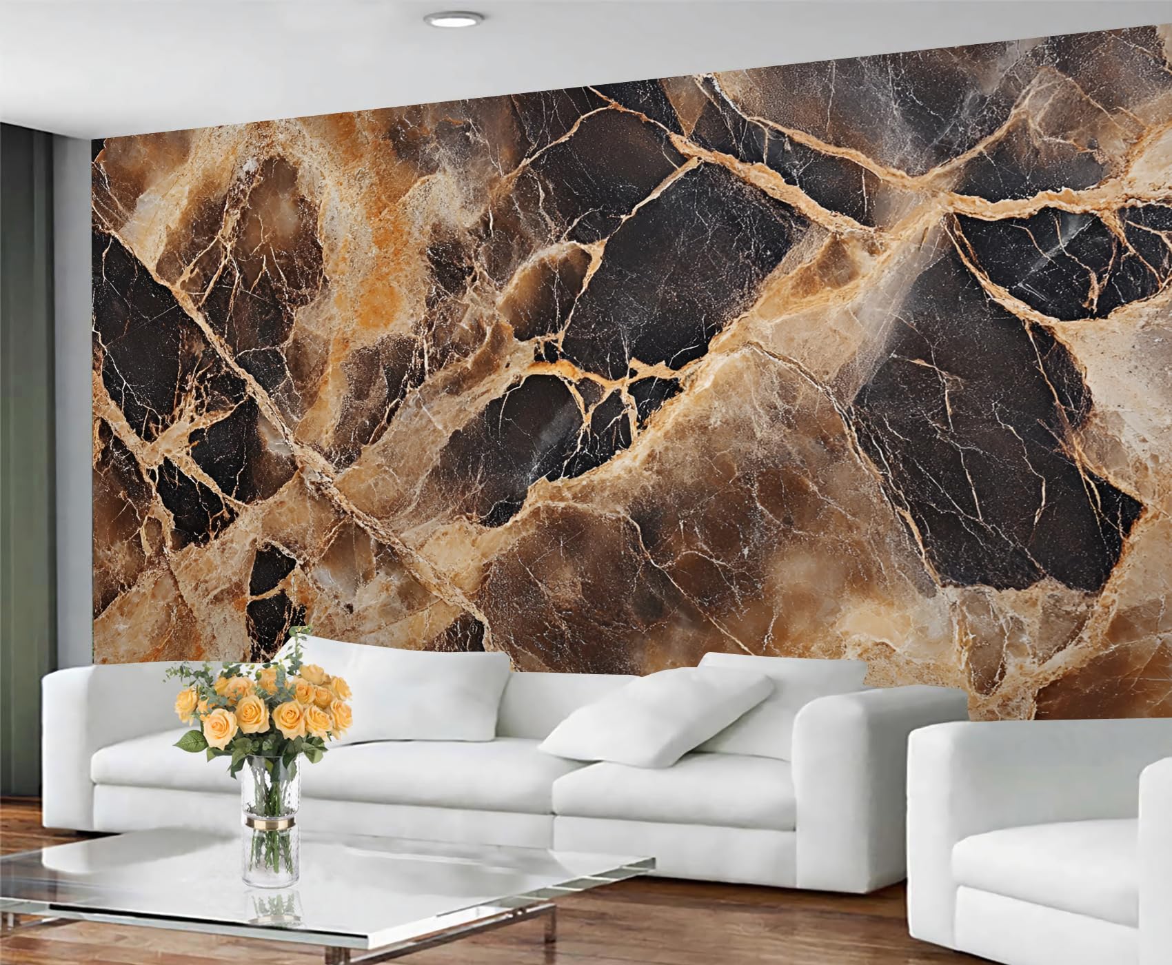 GIVLWF Brown Gold Marble Wallpaper, Luxury Marble Peel and Stick Wallpaper for Bedroom, Stone Texture Wall Paper for Living Room, Watercolor Brown Large Mural & Room Decor