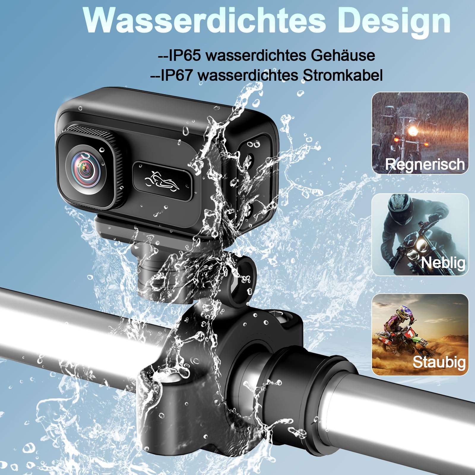 Motorrad Dashcam 2K WLAN 120° Weitwinkel IP65, mit G-Sensor | 64GB inkl., Kondensator (kein Akku), Unfallerkennung, Lenker-/Spiegelhalterung