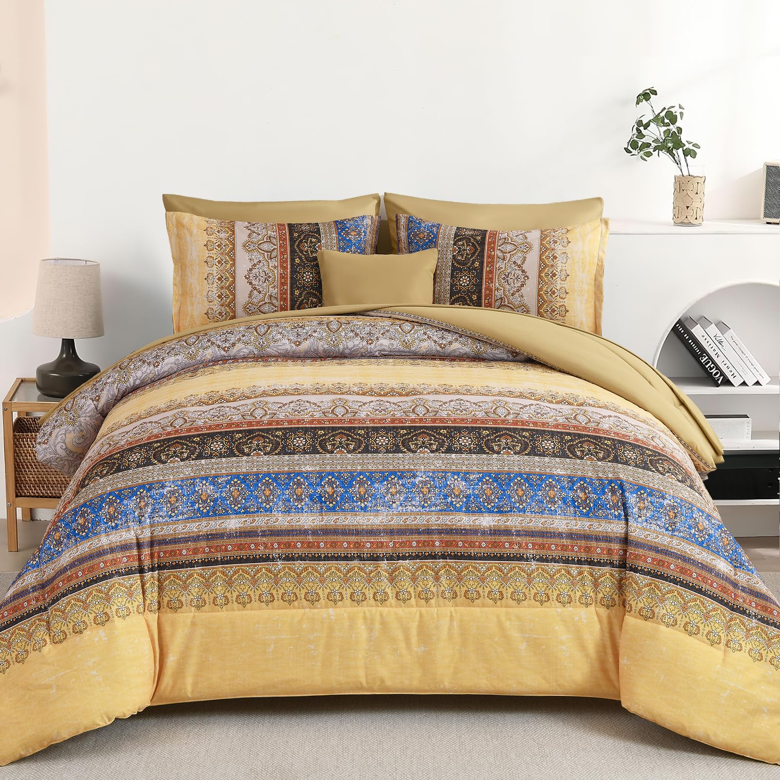 Cottolester Boho King Size Comforter Set 8 Pieces, Yellow Bohemian Striped Bed in a Bag, Paisley Soft Microfiber Bedding Comforter Set