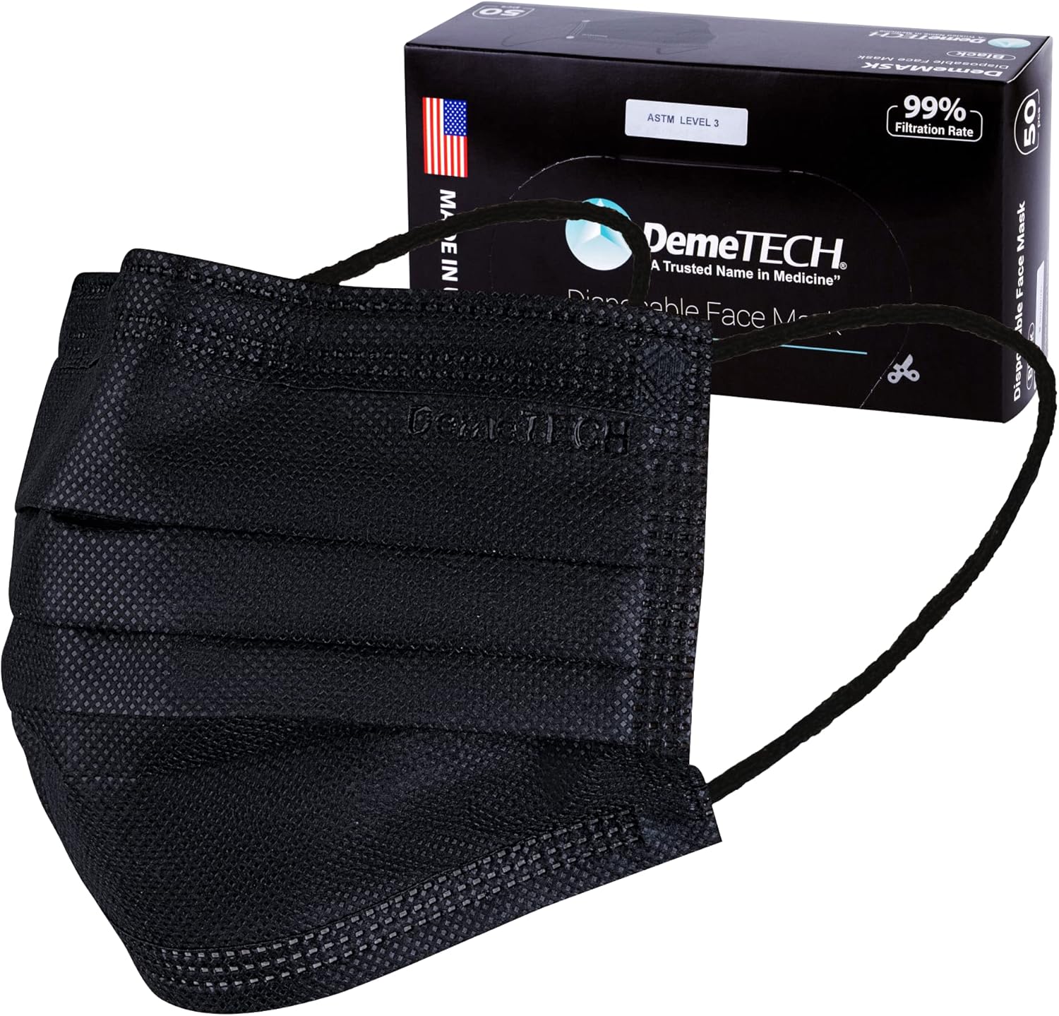 DEMETECH ASTM Level 3 Protective 3-Layer Face Mask, Ear-Loop Style, Small Face Mask, 50 Pieces