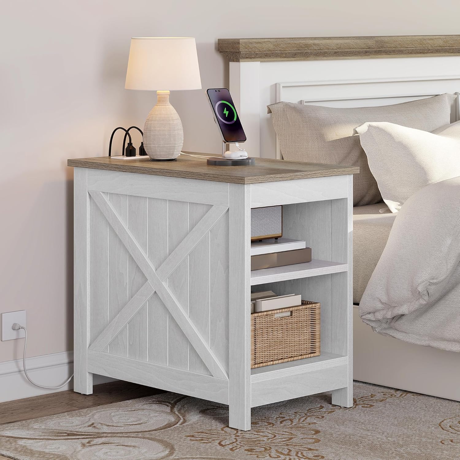 YITAHOME End Table with Charging Station, Narrow Side Table with Storage Shelf, Farmhouse Nightstand with Storage for Small Spaces, Living Room, Bedroom, Grey Wash