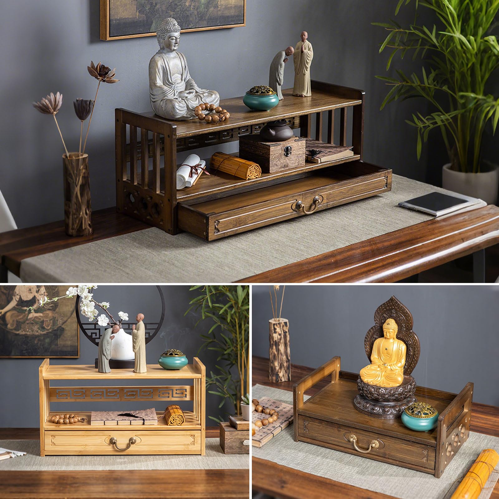 Scrivania da meditazione con cassetto – Tavolo da altare in noce per casa puja e conservazione spirituale, ideale per preghiera e serenità