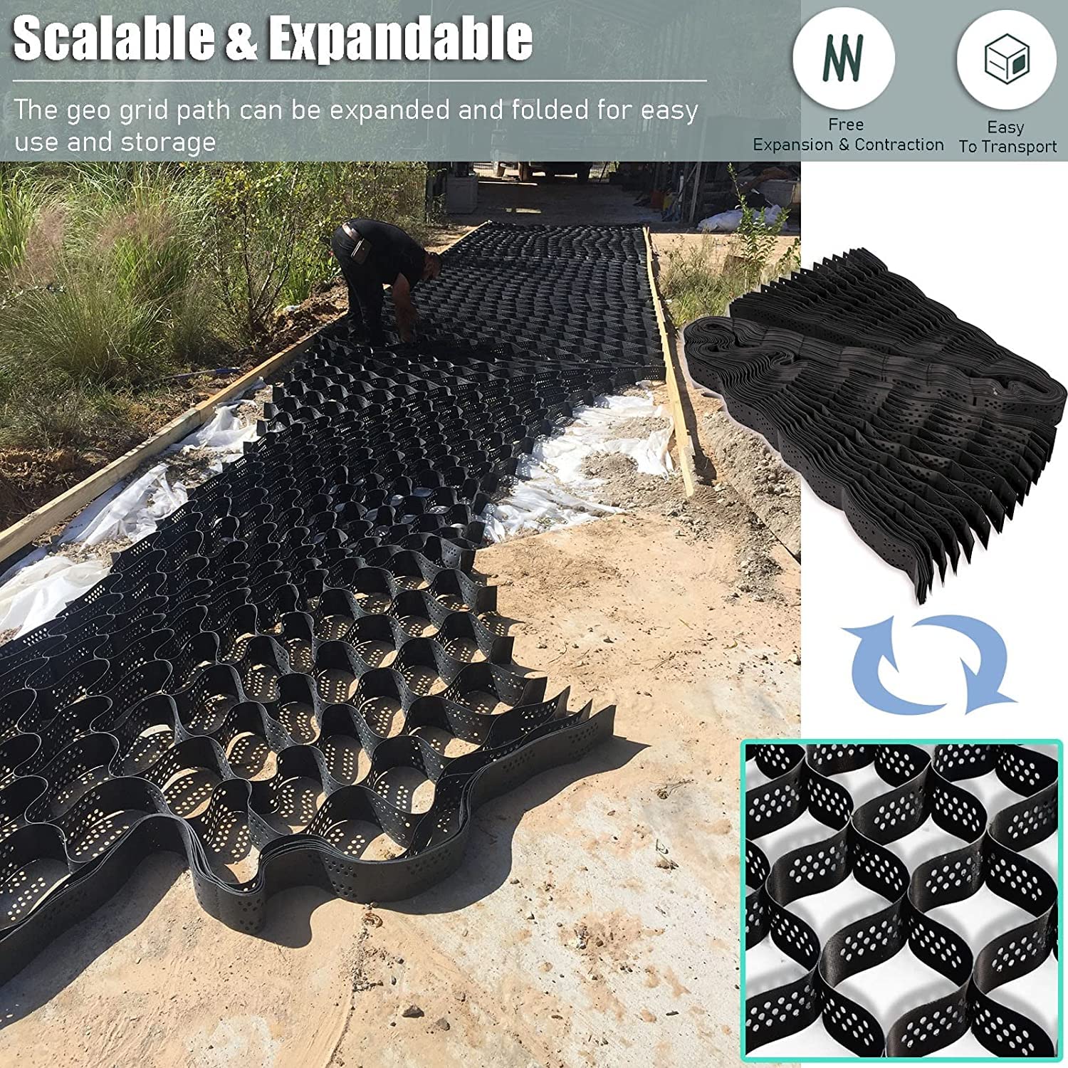 Ground Grid Geogrid for Landscape, Polyethylene Ground Grid Geocell Grid Honeycomb Permeable Pavers (Size : 3x5m/10x16ft)