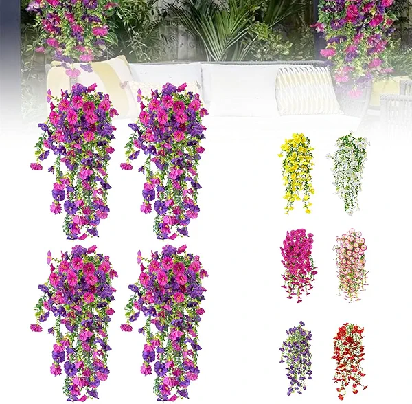 capirosa Artificial Hanging Flowers for Outdoors, 2 Pcs Fake Hanging Plant Summer Fall Decor, UV Resistant No Fade Faux Flower for Front Door Porch Planter Patio Yard Garden(Purple+Fuchsia)