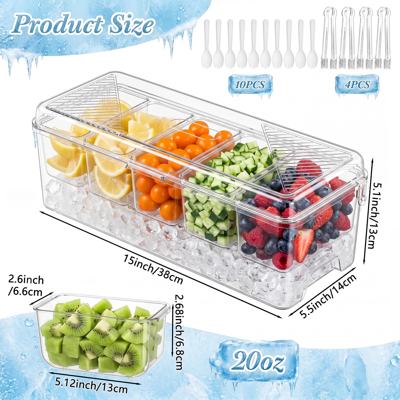 Hushee 17-teiliges Eisgekühltes Gewürz-Servier-Set enthält transparente, gekühlte Gewürzbehälter mit Deckel, abnehmbare Fächer, Acryl-Display, Regal, Servierlöffel und Clips für Barzubehör, Taco-Party