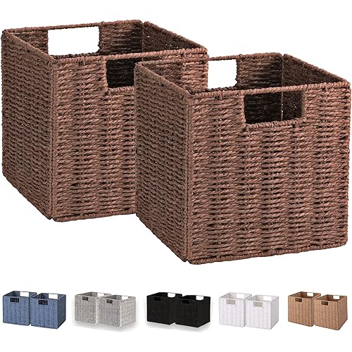 Vagusicc Wicker Baskets for Storage, Set of 2 Hand-Woven Storage Baskets for Shelves, Foldable Cube Storage Baskets Bins with Handles, 9 inch Large Wicker Baskets for Organizing Pantry Bedroom, Brown