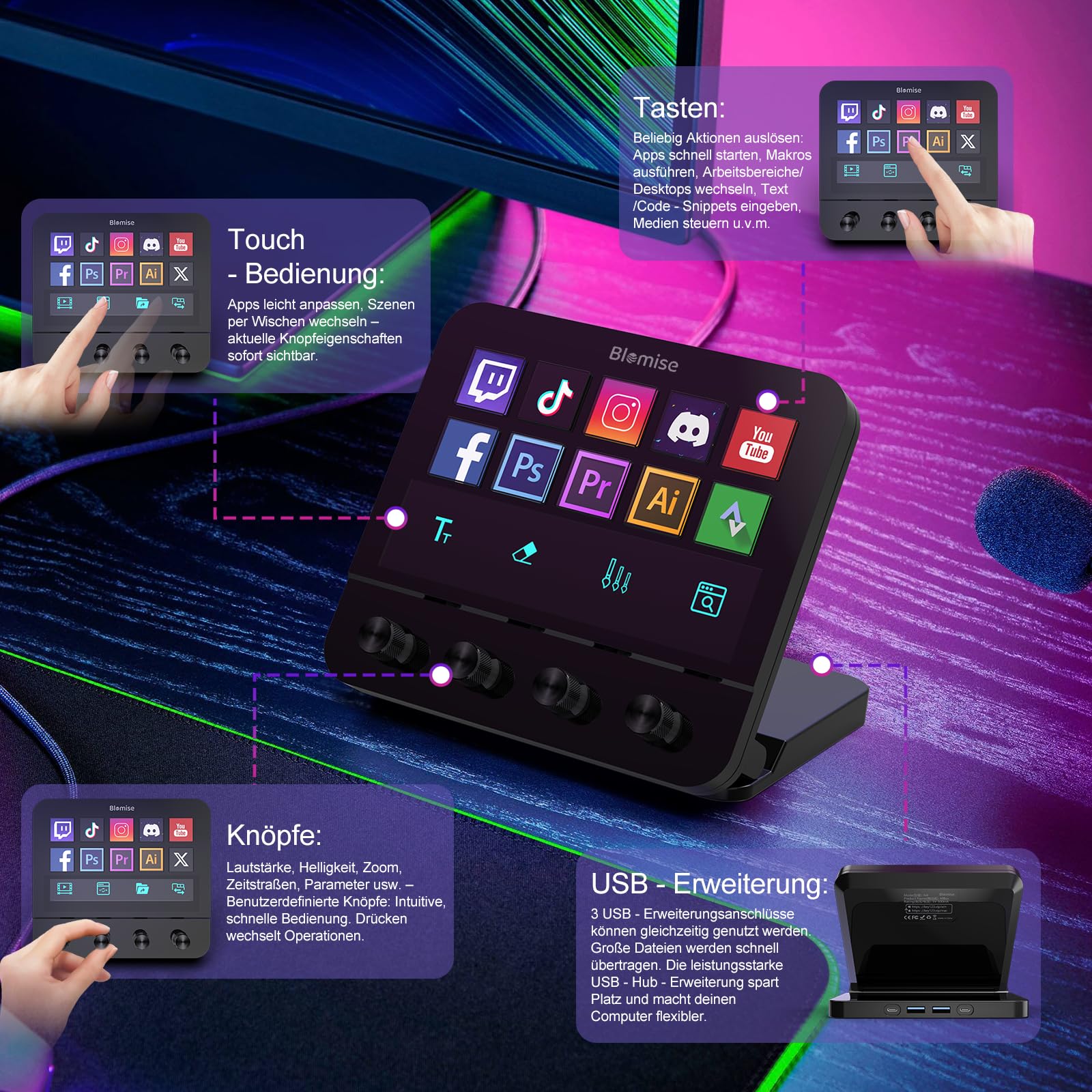 Stream Control Deck, Studio Controller, 10 anpassbaren LCD-Makrotasten, 4 Drehreglern Knöpfe, Mit Touchscreen und USB-Erweiterung, kompatibel mit Mac und PC