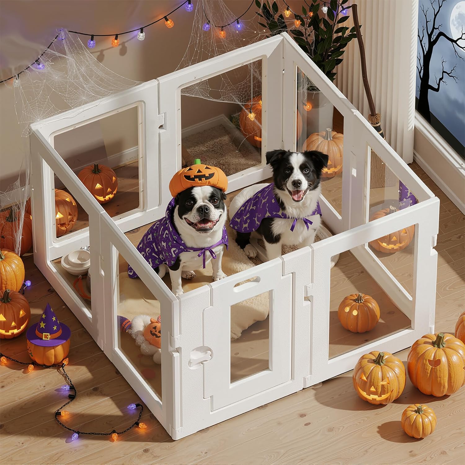 Clear Acrylic Dog Playpen Indoor, Puppy Cat Small Pet Play Pen, Easy Assemble & Disassemble Sturdy Plastic Dog Fence with Heavy Duty Door Lock (24In H, 8PCS), White White 8 Panels - 24 In