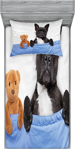 Ambesonne Juego de sábanas bajeras y fundas de almohada, diseño de oso de peluche dormido de bulldog francés en cama acogedora, imagen de sueños
