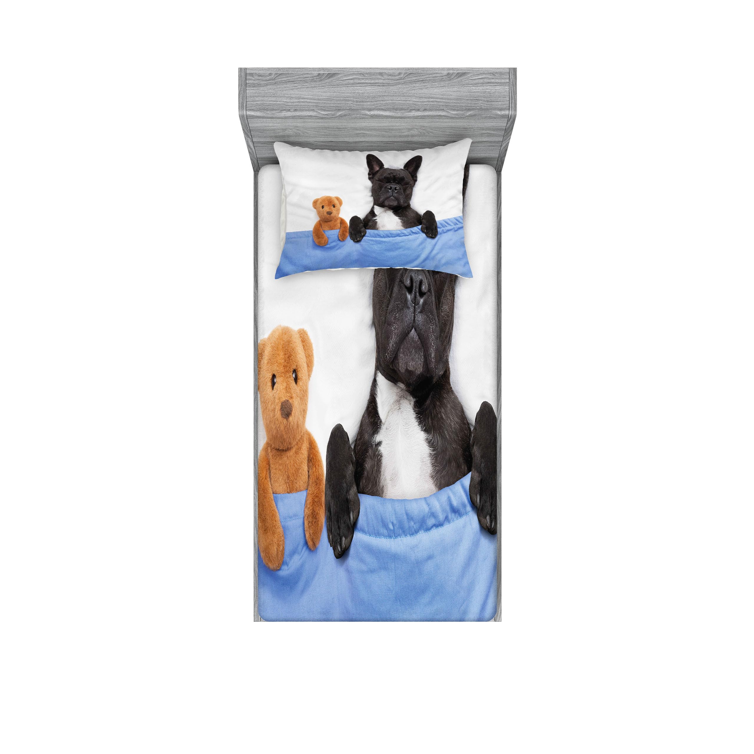 Ambesonne Animal Fitted Sheet & Pillow Sham Set, French Bulldog Sleeping Teddy Bear in Cozy Bed Best Friends Fun Dreams Image, Decorative Printed 2 Piece Bedding Decor Set, Twin, Grey Brown Blue