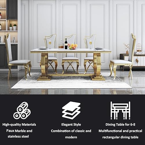 Miniatura 5 de Juego de mesa de comedor de mármol sintético, 7 piezas, juego de mesa de cocina y comedor para 6, mesa de comedor rectangular blanca de 70 pulgadas
