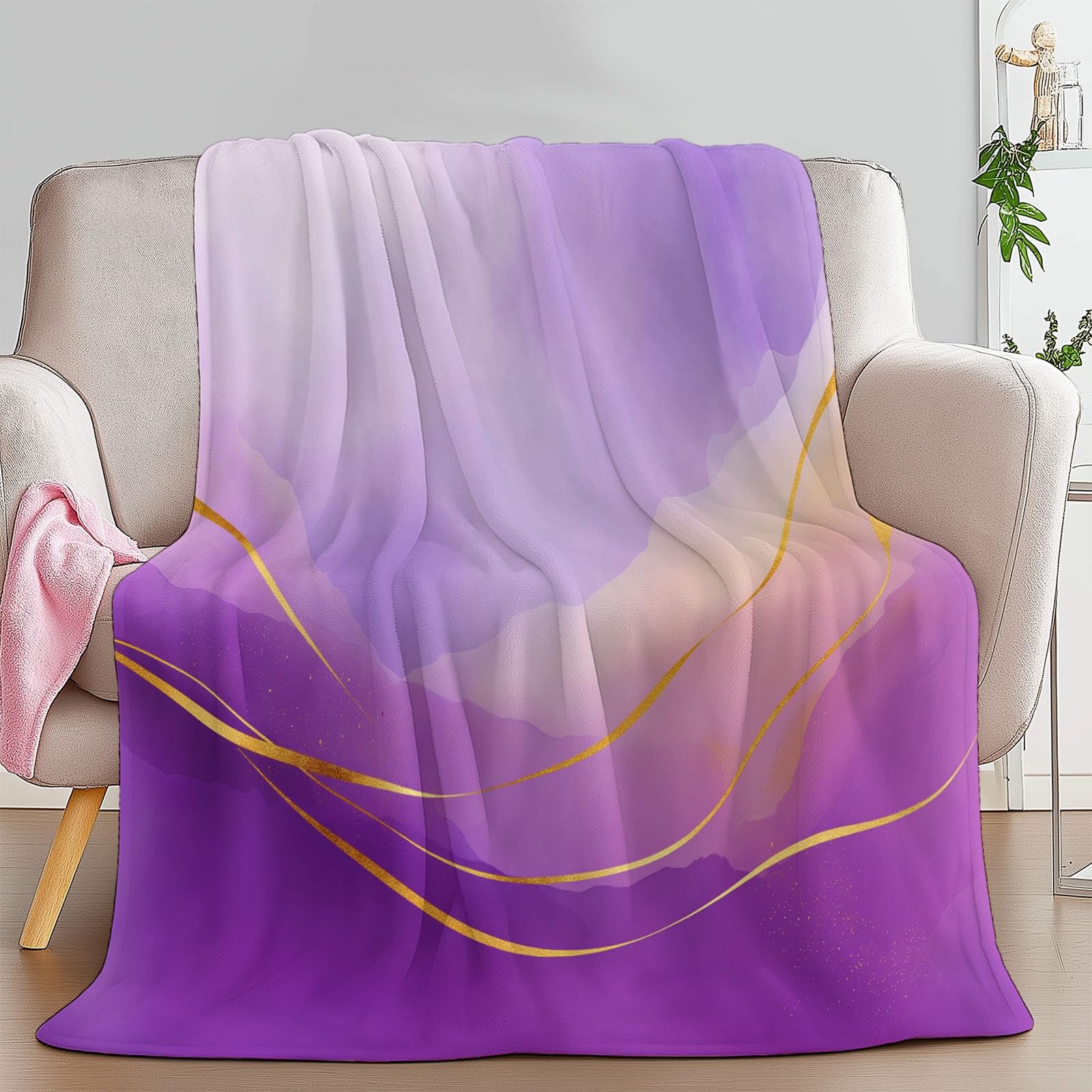 Manta Franela para Cama 220 x 240 cm, Suave Cálida Mármol Lila Dorado Líneas Manta Invierno Calentitas Transpirable Ligera Elegante Soñador para Adulto Infantil Mujer Hombre