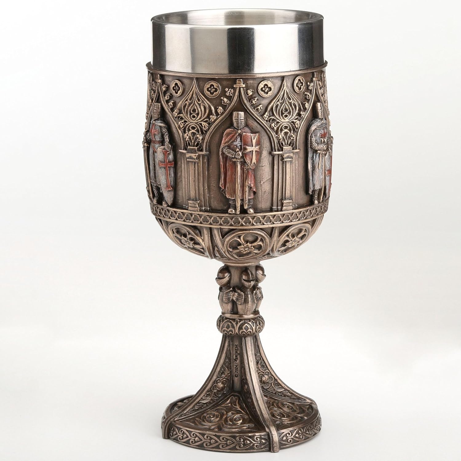 Veronese Design 6 7/8 Inch Medieval Knights Templar Icon Chalice Cup Cold Cast Resin Bronze Finish Stainless Steel Insert