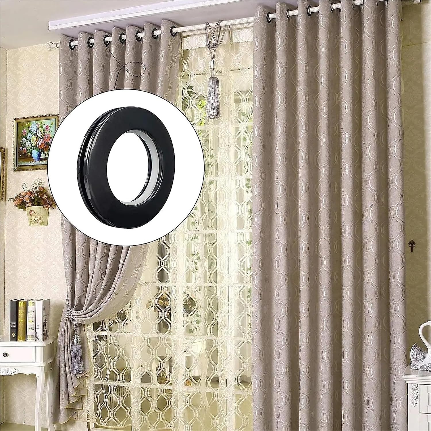 Curtain Grommets 100Pcs Black Plastic Curtain Grommets, Inner Diameter 40mm Silencer Sliding Low Noise Curtain Rings for Window Curtain Hanging
