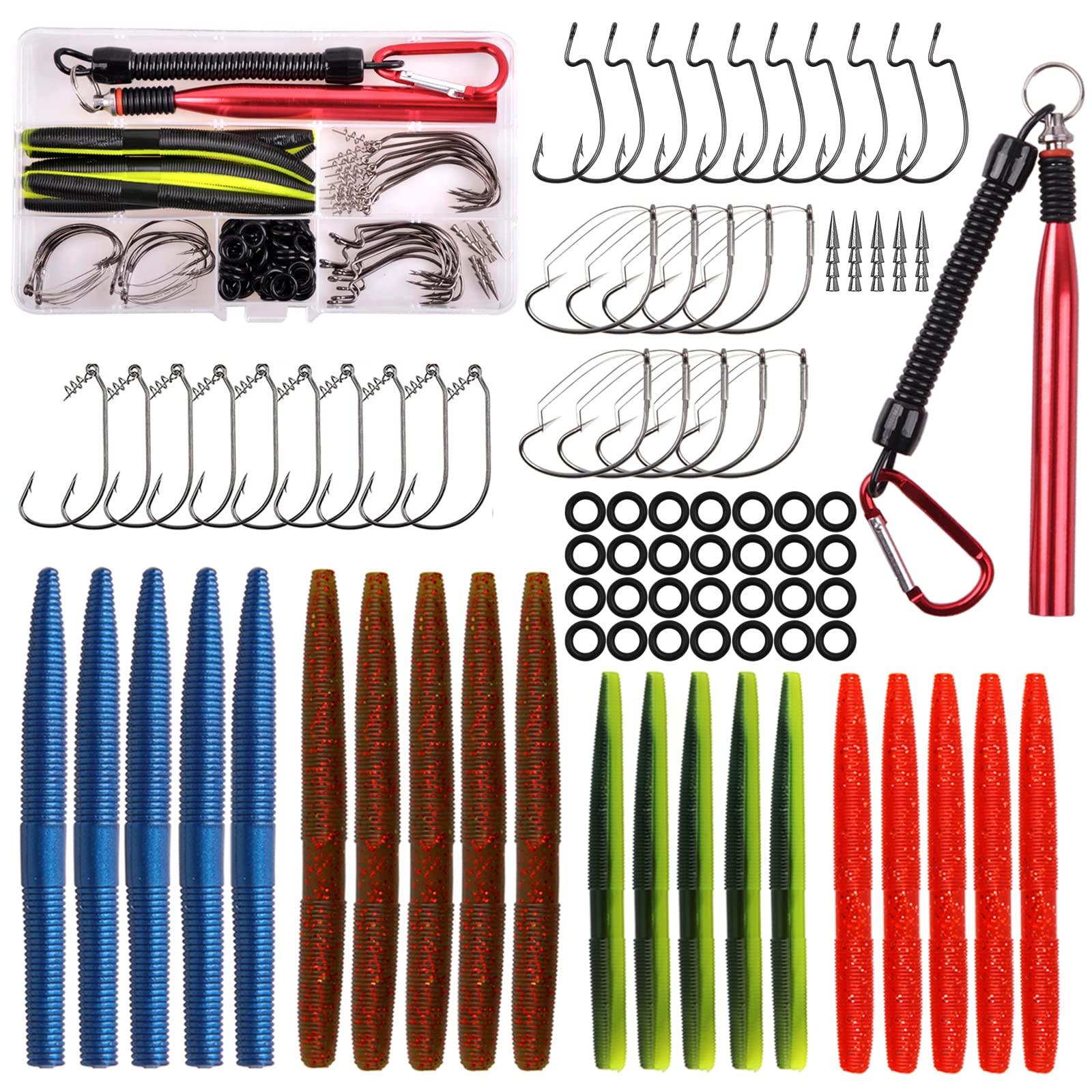 Wacky Worm Fishing Lures Kit, Soft Plastic Fishing Lures Wacky Rig Tool O-Rings Weedless Hooks Worms Baits Tackle Box for Bass Trout