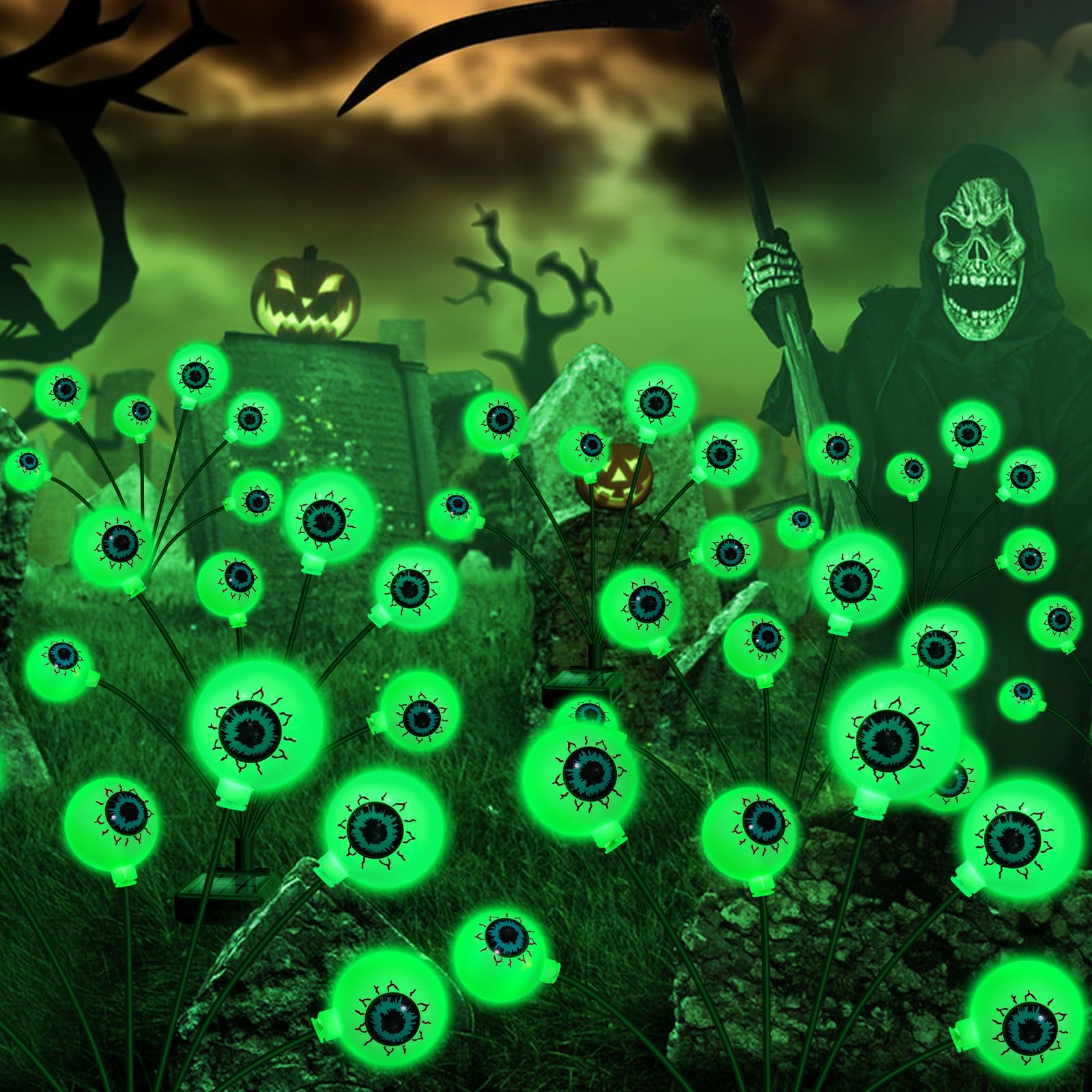 Decorazioni Solari Halloween – 4 Luci LED A Bulbo Oculare Spaventose – Impermeabili Per Esterno – Verde