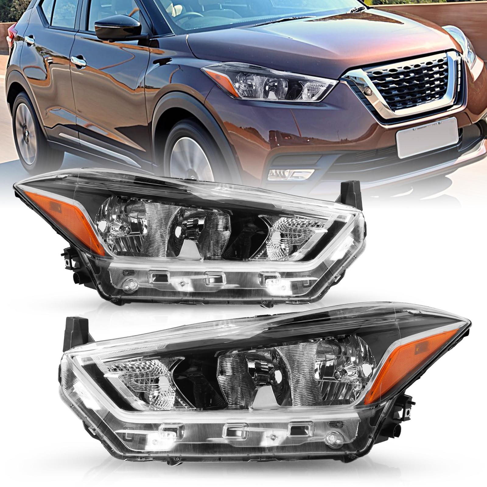 TUSDAR Headlight Assembly Set w/o Blubs fit for 2017 2018 2019 2020 Nissan Kicks S/SV OEM Replacement Headlamp Driver and Pseenger Side