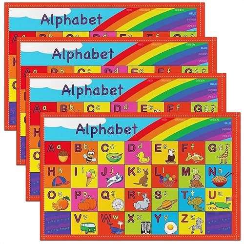 Juego de 4 manteles individuales para mesa del alfabeto inglés, manteles individuales de tela de animales de dibujos animados para niños, lindos