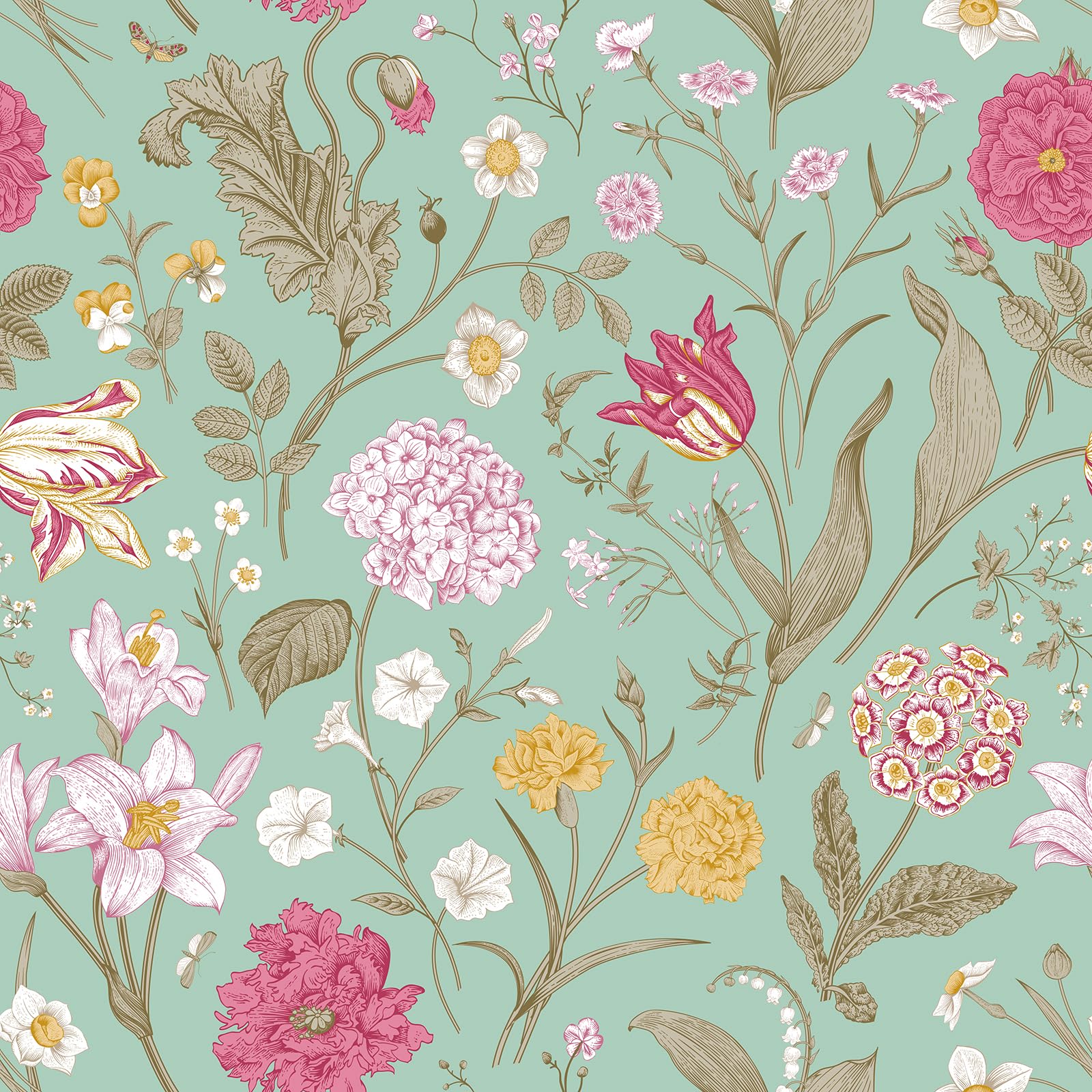ReWallpaper Green Floral Vinyl Wrap Self Adhesive Wallpaper Pink Flowers Rose Hydrangeas 44.5CMx3M Vintage Wallpaper for Bedroom Living Room Green Contact Paper for Furniture Cabinets