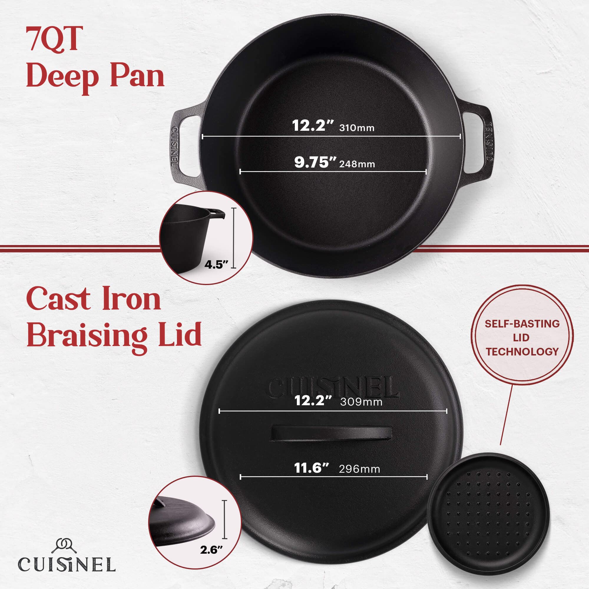 Cuisinel Cast Iron Dutch Oven 7Quart Deep Pot + Lid + Pan Scraper + Handle